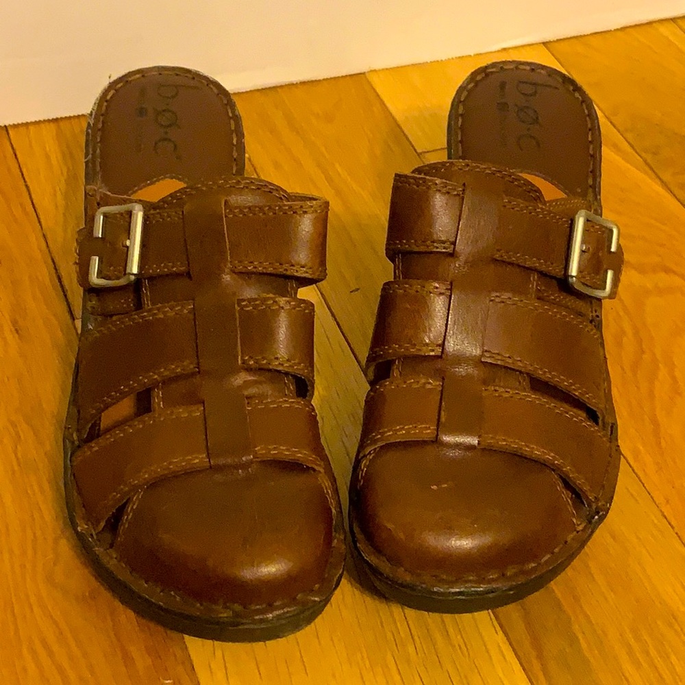 Born Concept Brown Leather Closed Toe Sandal with Composite High Heel